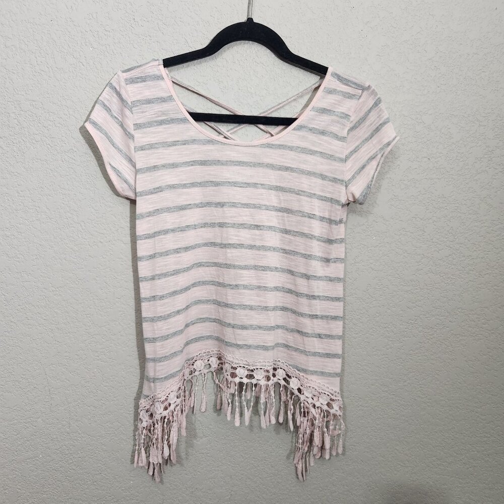 Roommates Top Small Pink & Gray Striped Crochet Fringe Crisscross Fairy Festival